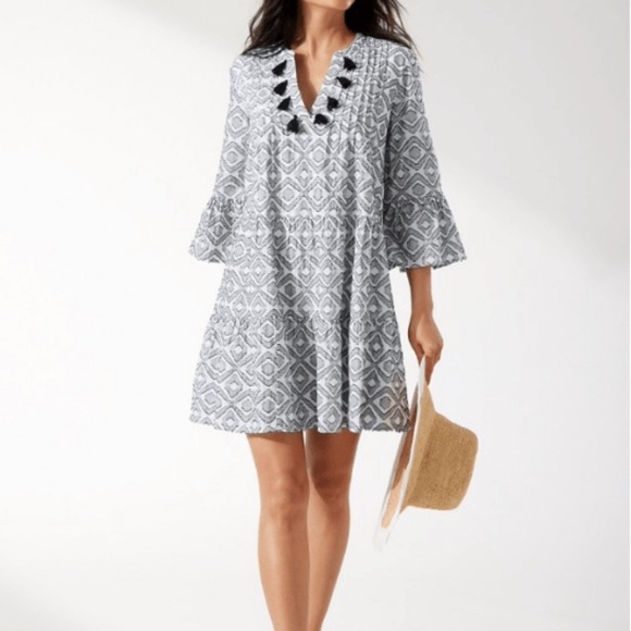 Tommy Bahama Creamy White & Black Print Dress w/Tassels Fully Lined - Picture 6 of 7